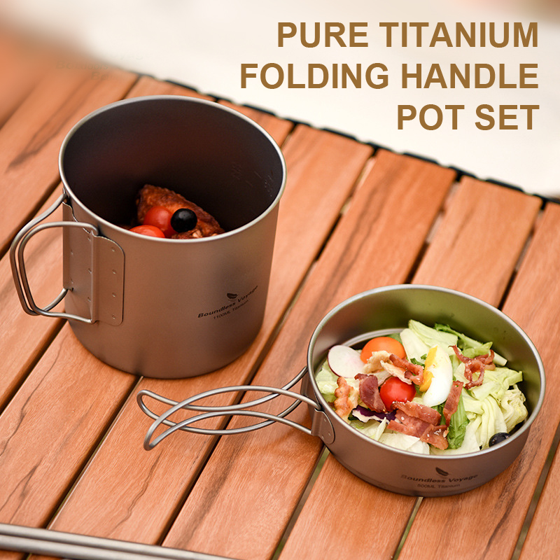 Camping Lightweight Cooking Pot - 순수 티타늄 접이식 손잡이 냄비 세트,