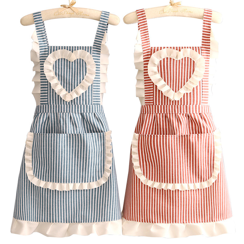 Camping Cooking Apron - 여성용 러플 앞치마, 면/린넨 스트라이프 주방용,