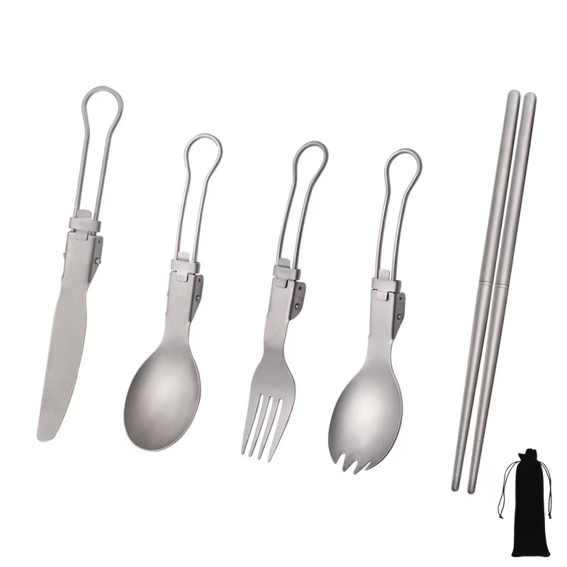 Camping Cooking Cutlery Set - 티타늄 접이식 식기 세트 (포크, 스푼,