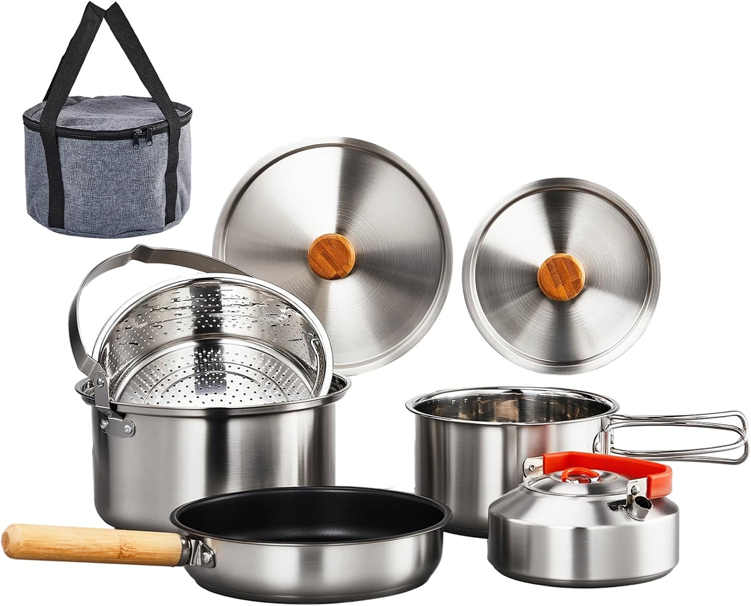 Camping Lightweight Cooking Pot - 6피스 조리기구 세트, 304 스테인리스 스틸