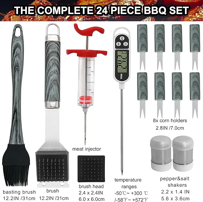 24피스 고강도 스테인리스 스틸 BBQ 그릴 도구 세트 - Meat Thermometer Camp 리뷰 및 가격